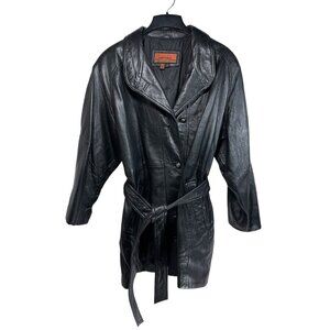 VTG Cayenne Leather Coat Black Leather Jacket Belted Women L Western Boho Twee
